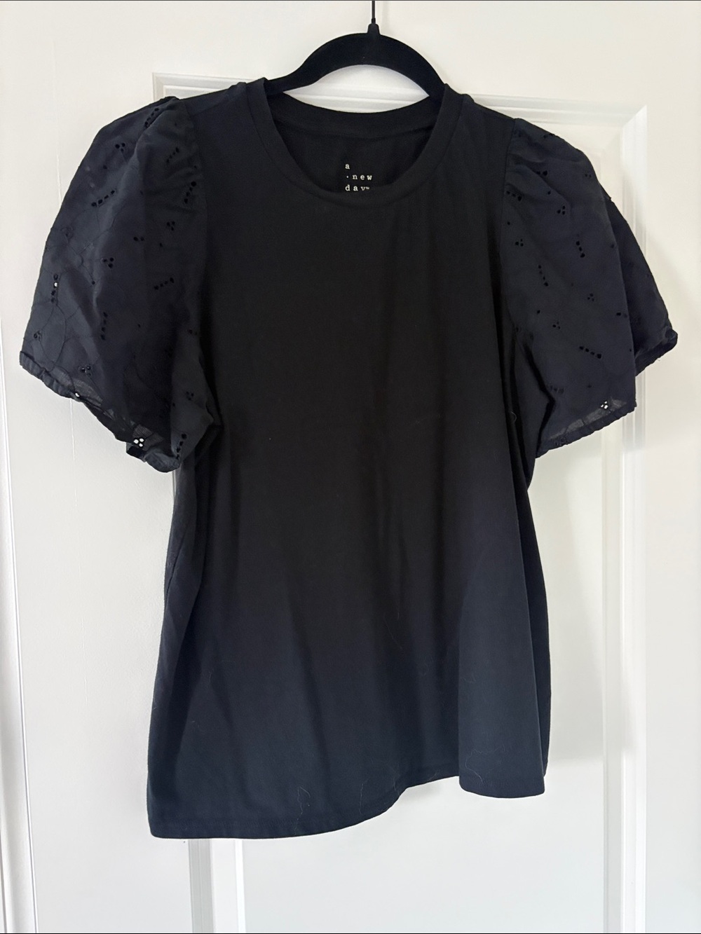 a new day Black Puff Sleeve Eyelet Tee - Short Sleeve